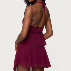 Mesh Halter Neck Metal Buckle Top with Mini Skirt Set