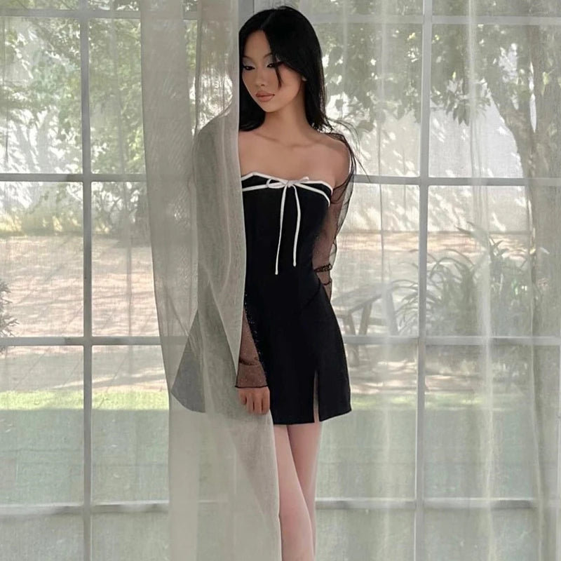 Black Tube Mini Dress With Long Mesh Sleeve