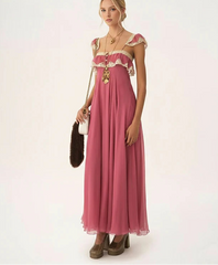 Pink Ruffle Lace Trim Maxi Dress
