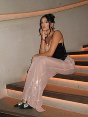 Beige V-Neck Sequin Patchwork Long Dress
