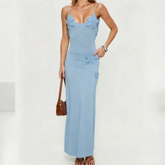 Blue Knit Spaghetti Strap Crochet Flower Maxi Dress