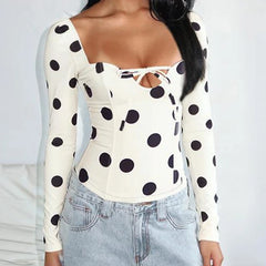 White Polka Dot Tie-up Front Long Sleeve Top