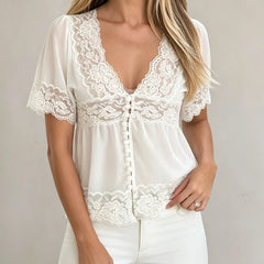 White Lace Trim Puff Short Sleeve Button Chiffon T-Shirt