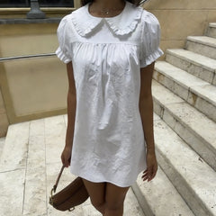 White Doll Collar Short Sleeve Babydoll Mini Dress