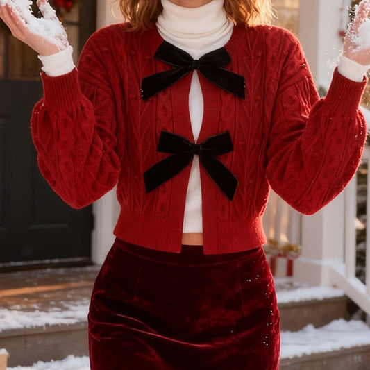 Red Bow Cable Knit Cardigan