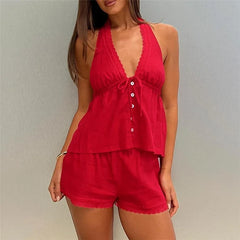 Lace Trim Halter Tie-Up Open Back Top And Shorts Set