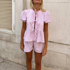 Front Tie Plaid Puff Sleeve Peplum Shirt And Shorts Set