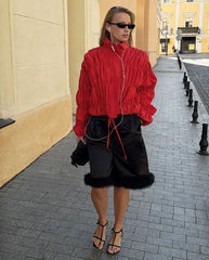 Red Ruched Stand Collar Jacket