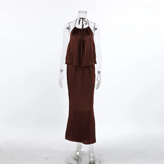 Brown Satin Tie up Backless Top And Long Skirt Set