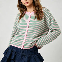 Striped Knit Crew Neck Cardigan