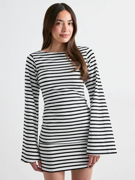 Striped O-Neck Bell Sleeve Mini Dress