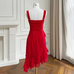 Red Ruffled Sweetheart Neck Strappy Irregular Hem Midi Dress
