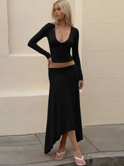 Solid V-Neck Crop Top And Midi Skirt Set
