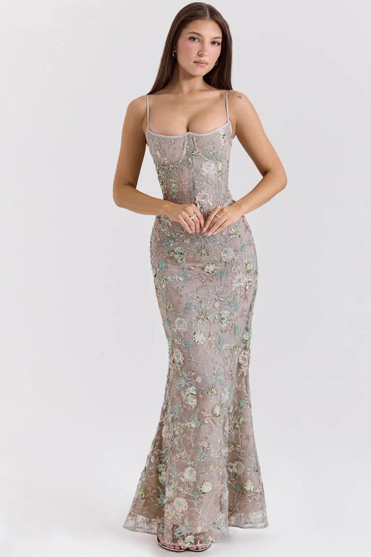 Sequin Embroidered Strap Lace Back Maxi Dress