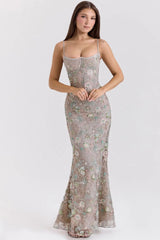 Sequin Embroidered Strap Lace Back Maxi Dress