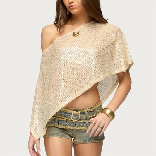 Asymmetric Off Shoulder Sequin Mesh Poncho Top