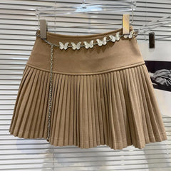 Solid Pleated Mini Skirt With Butterfly Chain Free From Label