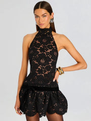 Black Lace Open Black Frill Mini Dress