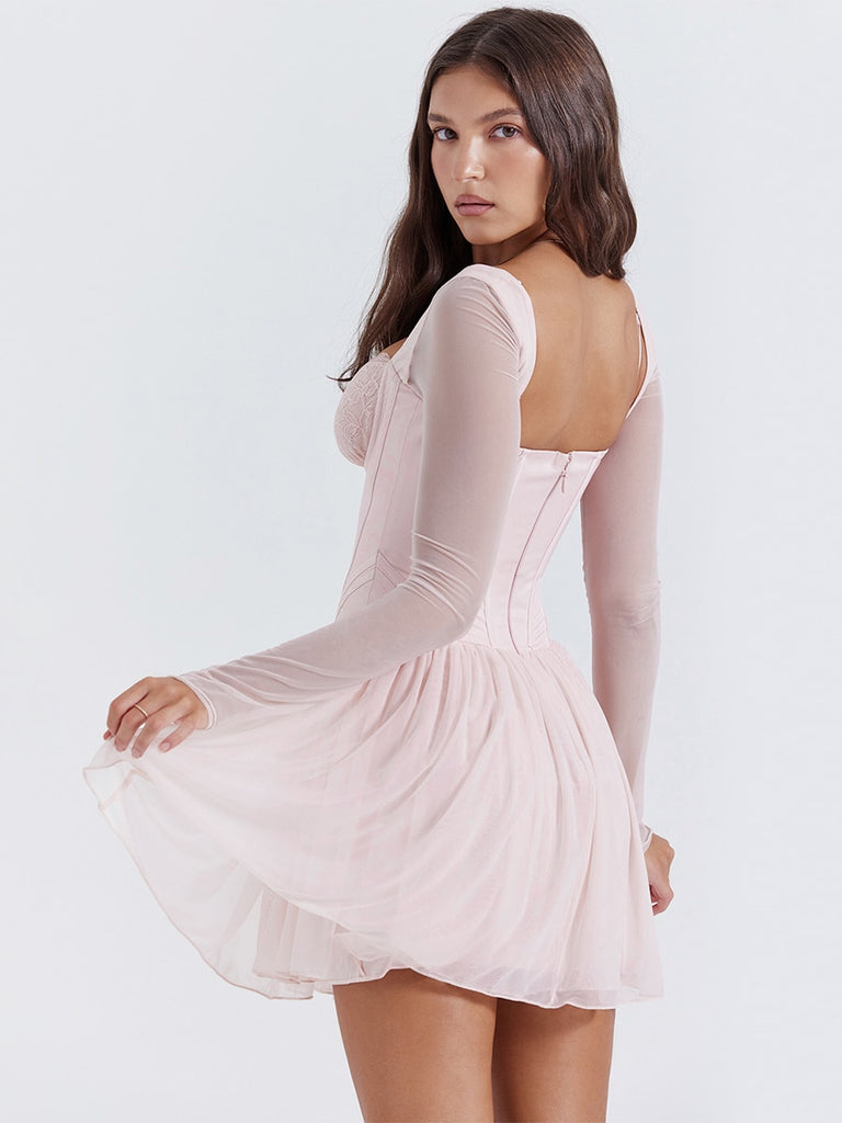 Pink Long Sleeve Bustier Frill Mini Dress