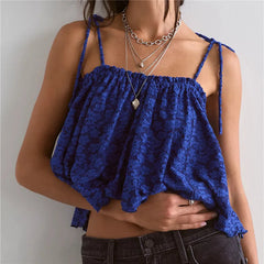 3D Floral Textured Spaghetti Tie Strap Cropped Top