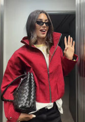 Red Zipper-up Plaid Stand Collar Jacket