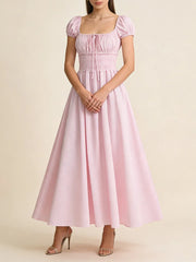 Striped Short Sleeve Ruched Bow Midi Dress