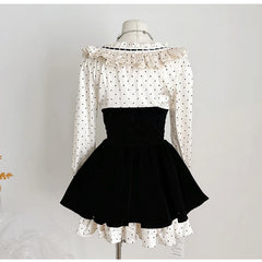 Satin Polka Dot Square Collar Long Sleeve Black Mini Dress
