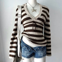 Striped V-Neck Long Sleeve Bow Tie Knit Top