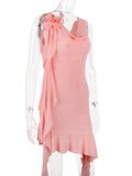 Pink Mesh Ruffles Flower Applique Mini Dress