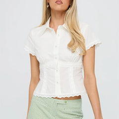 White Lace Trim Collared Short Sleeve Button-up Blouse