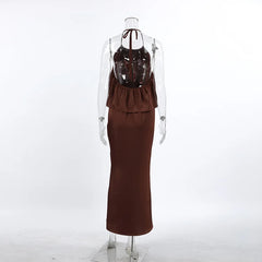 Brown Satin Tie up Backless Top And Long Skirt Set