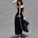 Black Tube Ruched Lace Up Maxi Dress