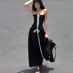 Black Tube Ruched Lace Up Maxi Dress - Free From Label