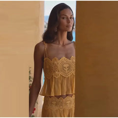Lace Embroidered Square Neck Sheer Crop Top And Wide Pants Set