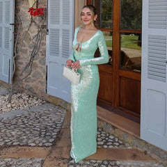 Green Sequin Long Sleeve Maxi Dress