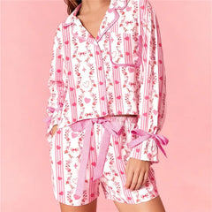 Heart Bow Printed Button Up Long Sleeve Top and Shorts Lounge Wear Set