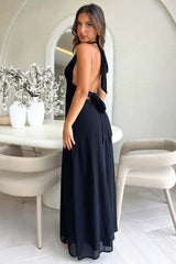 Black Sleeveless Open Back High Split Lace Up Maxi Dress