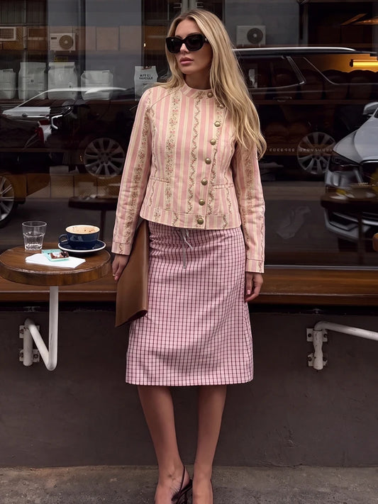 Floral Striped Jacquard  Diagonal Button Stand Collar Jacket