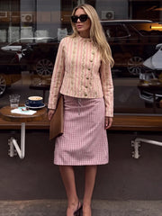 Floral Striped Jacquard  Diagonal Button Stand Collar Jacket