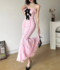 Pink Strapless Rose Lace Bow Maxi Dress - Free From Label