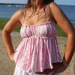 Frill Trim Printed Babydoll Peplum Top