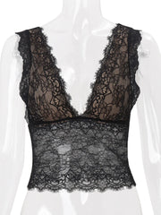 Black Deep V-neck Lace Vest Top