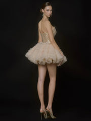 Strapless Rhinestones Mesh Tulle Puff Mini Dress