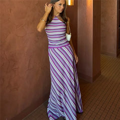 Striped Tie-Up Cross Strap Maxi Dress