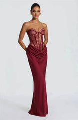 Strapless Lace Corset Satin Drape Maxi Dress