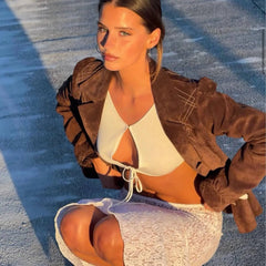 Hollow Out Lace Up Cardigan Crop Top