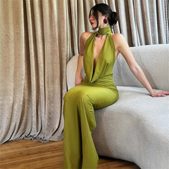 Halter Hollow Out Backless Satin Maxi Dress
