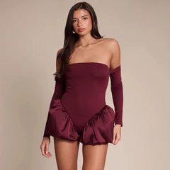 Off-Shoulder Satin Balloon Hem Romper