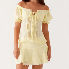 Off Shoulder Tie Up Crop Top And Mini Skirt Set