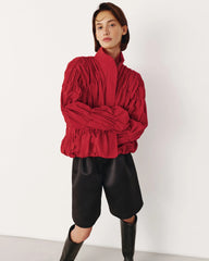 Red Ruched Stand Collar Jacket